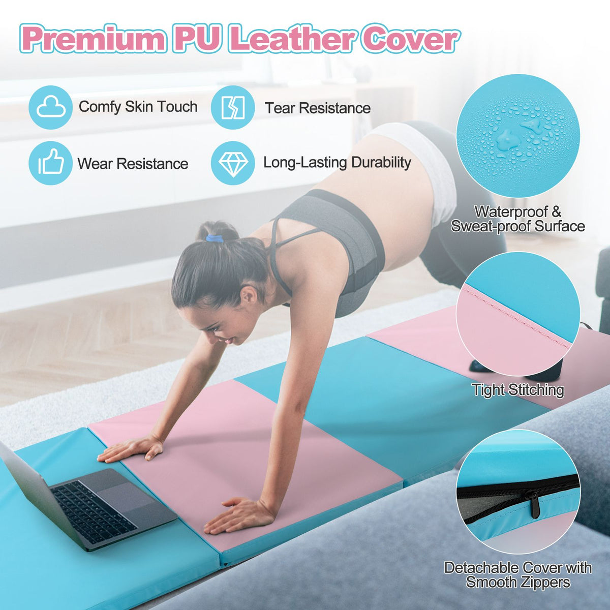 Folding Gymnastics Mat with Carry Handles Hook and Loop Fasteners