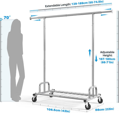 Heavy Duty Clothes Rail 238Kg (525Lbs) Capacity, Extendable Hanging Rack with Lockable Wheels & Shelves, Space Saving for Bedroom, Apartment, Laundry Room,Silver