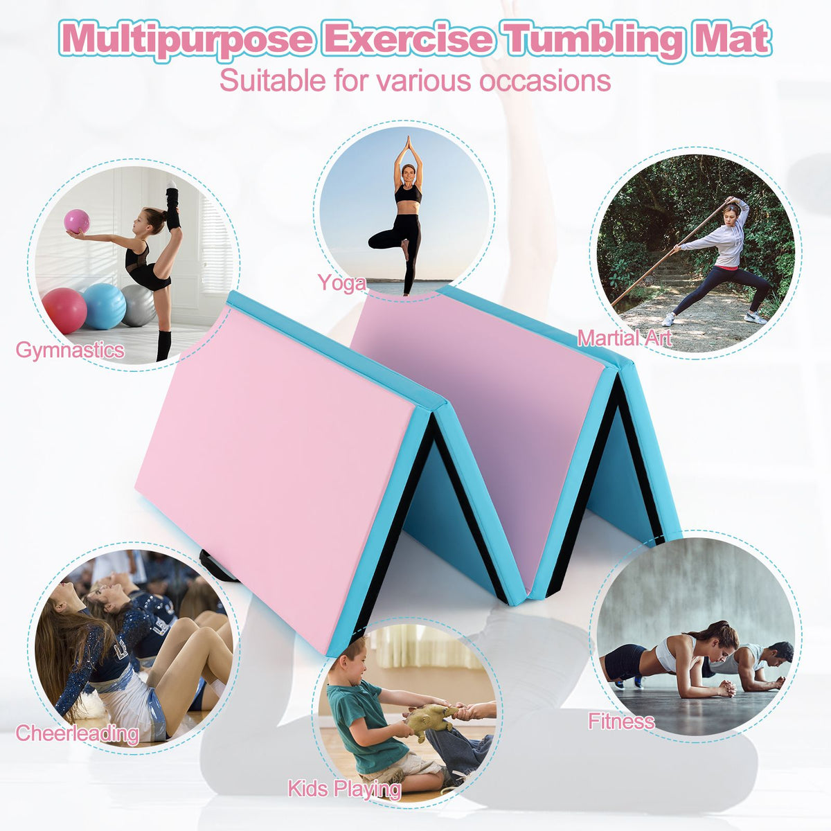 Folding Gymnastics Mat with Carry Handles Hook and Loop Fasteners
