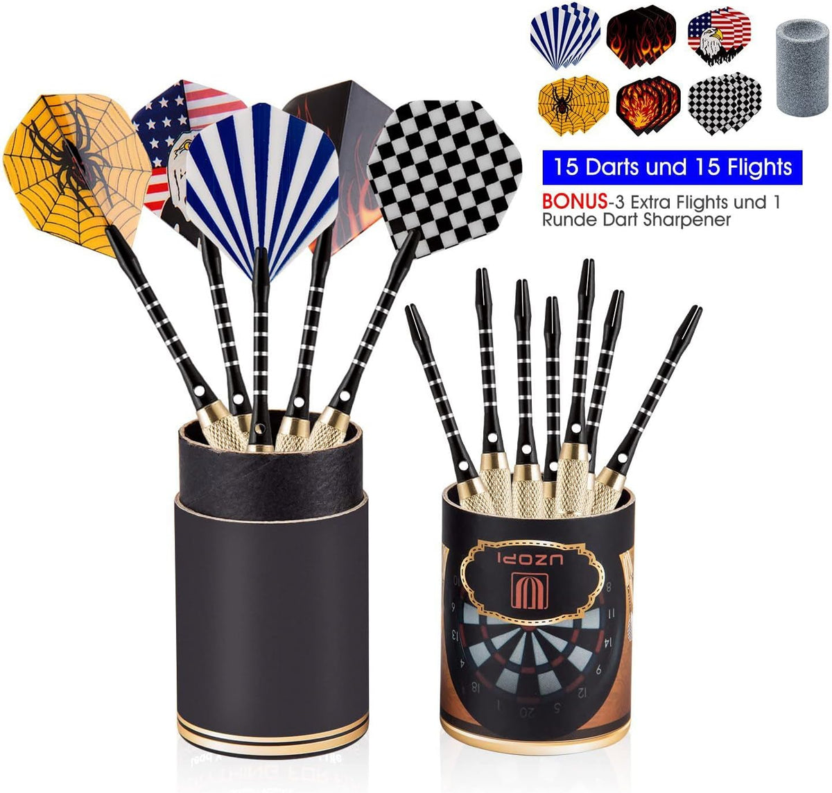 15 Pack Steel Darts 18 Grams Tip Set with Dart Sharpener and 21 Flights, Aluminum Shafts & Brass Barrels, Levels in Every Rec Room, Man Cave, Bar and Game Room