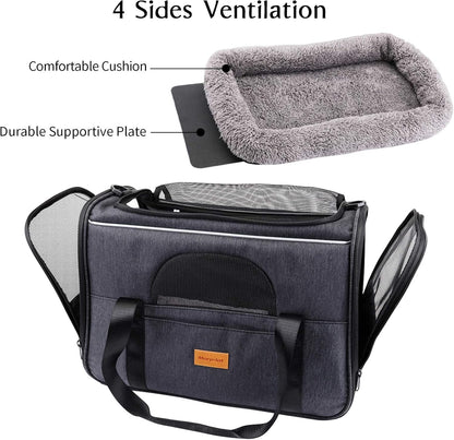 Cat Carrier, Portable Pet Carrier Bag for Cats and Small Dogs, Foldable Soft Sided Cat Transport Carrier, Airline Approved Pet Travel Carrier with Shoulder Strap, Removable Mat and Pet Bowl