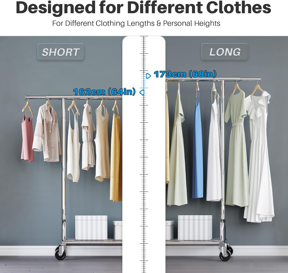 Heavy Duty Clothes Rail 238Kg (525Lbs) Capacity, Extendable Hanging Rack with Lockable Wheels & Shelves, Space Saving for Bedroom, Apartment, Laundry Room,Silver