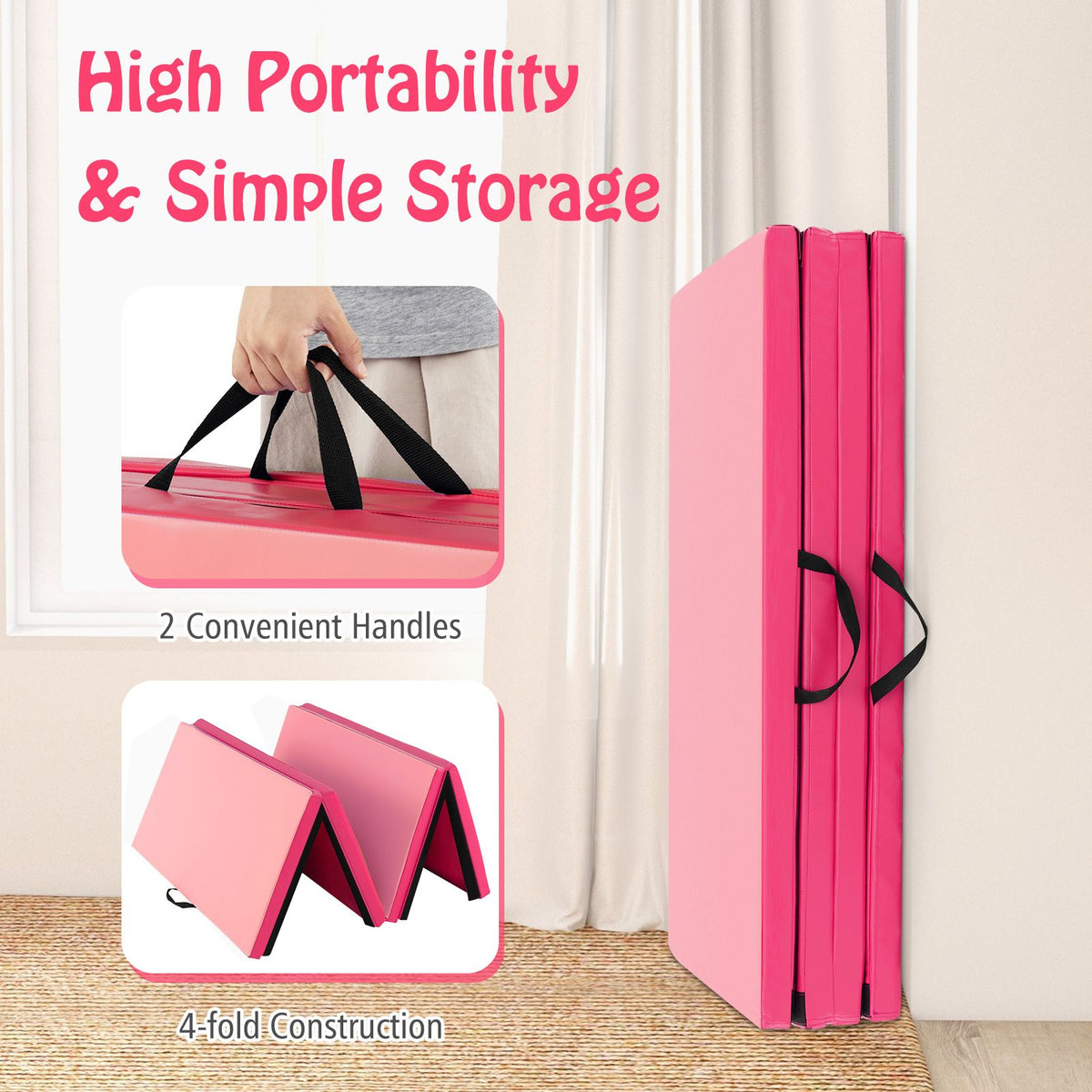Folding Gymnastics Mat with Carry Handles Hook and Loop Fasteners