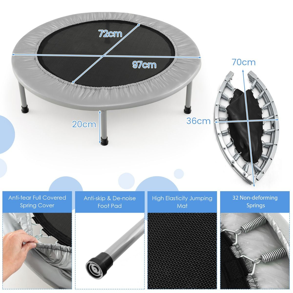 Foldable Mini Trampoline with Springs and Padded Cover