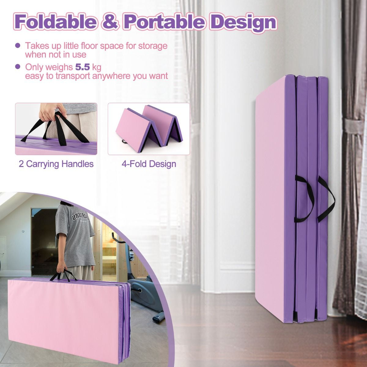 Folding Gymnastics Mat with Carry Handles Hook and Loop Fasteners