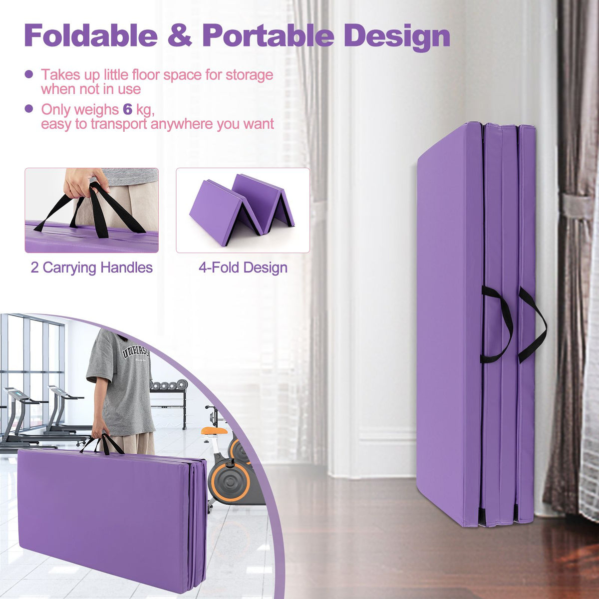 Folding Gymnastics Mat with Carry Handles Hook and Loop Fasteners