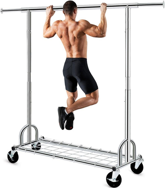 Heavy Duty Clothes Rail 238Kg (525Lbs) Capacity, Extendable Hanging Rack with Lockable Wheels & Shelves, Space Saving for Bedroom, Apartment, Laundry Room,Silver