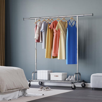 Heavy Duty Clothes Rail 238Kg (525Lbs) Capacity, Extendable Hanging Rack with Lockable Wheels & Shelves, Space Saving for Bedroom, Apartment, Laundry Room,Silver