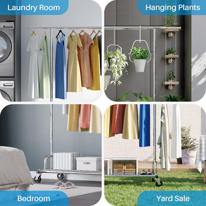 Heavy Duty Clothes Rail 238Kg (525Lbs) Capacity, Extendable Hanging Rack with Lockable Wheels & Shelves, Space Saving for Bedroom, Apartment, Laundry Room,Silver