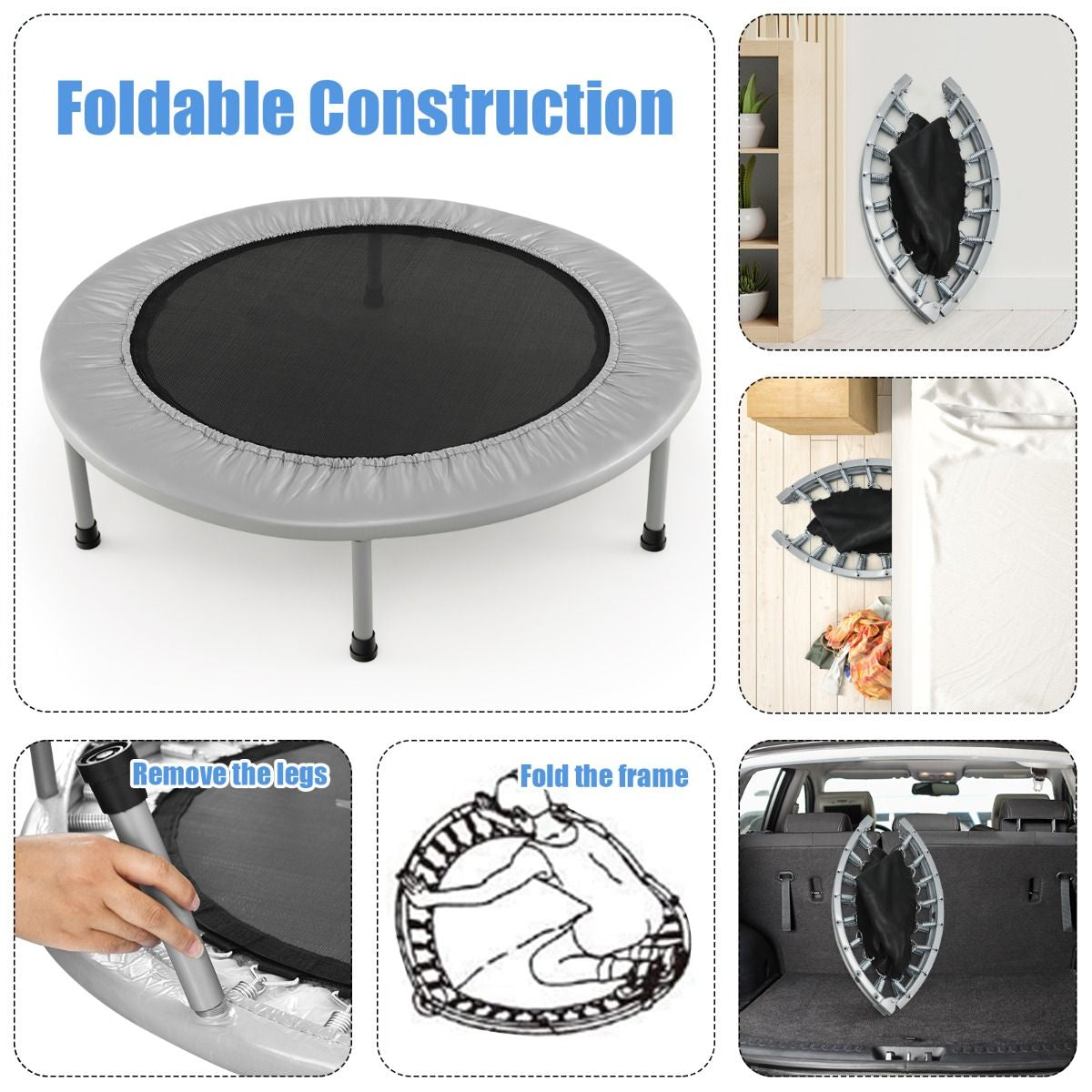 Foldable Mini Trampoline with Springs and Padded Cover