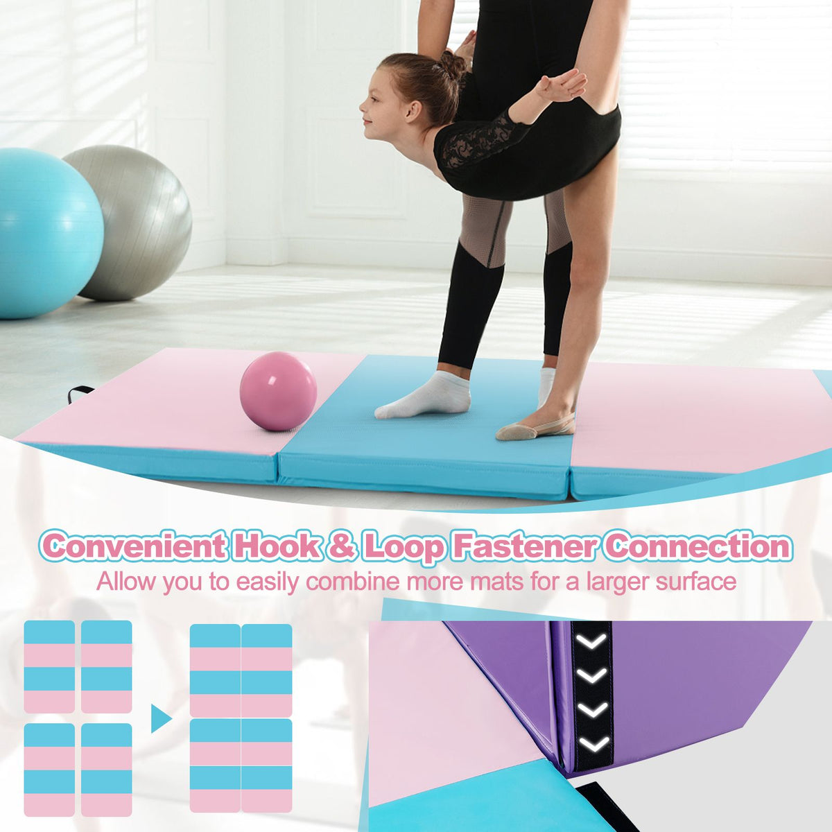 Folding Gymnastics Mat with Carry Handles Hook and Loop Fasteners