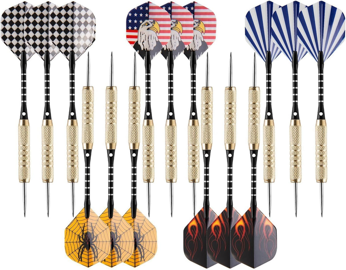 15 Pack Steel Darts 18 Grams Tip Set with Dart Sharpener and 21 Flights, Aluminum Shafts & Brass Barrels, Levels in Every Rec Room, Man Cave, Bar and Game Room