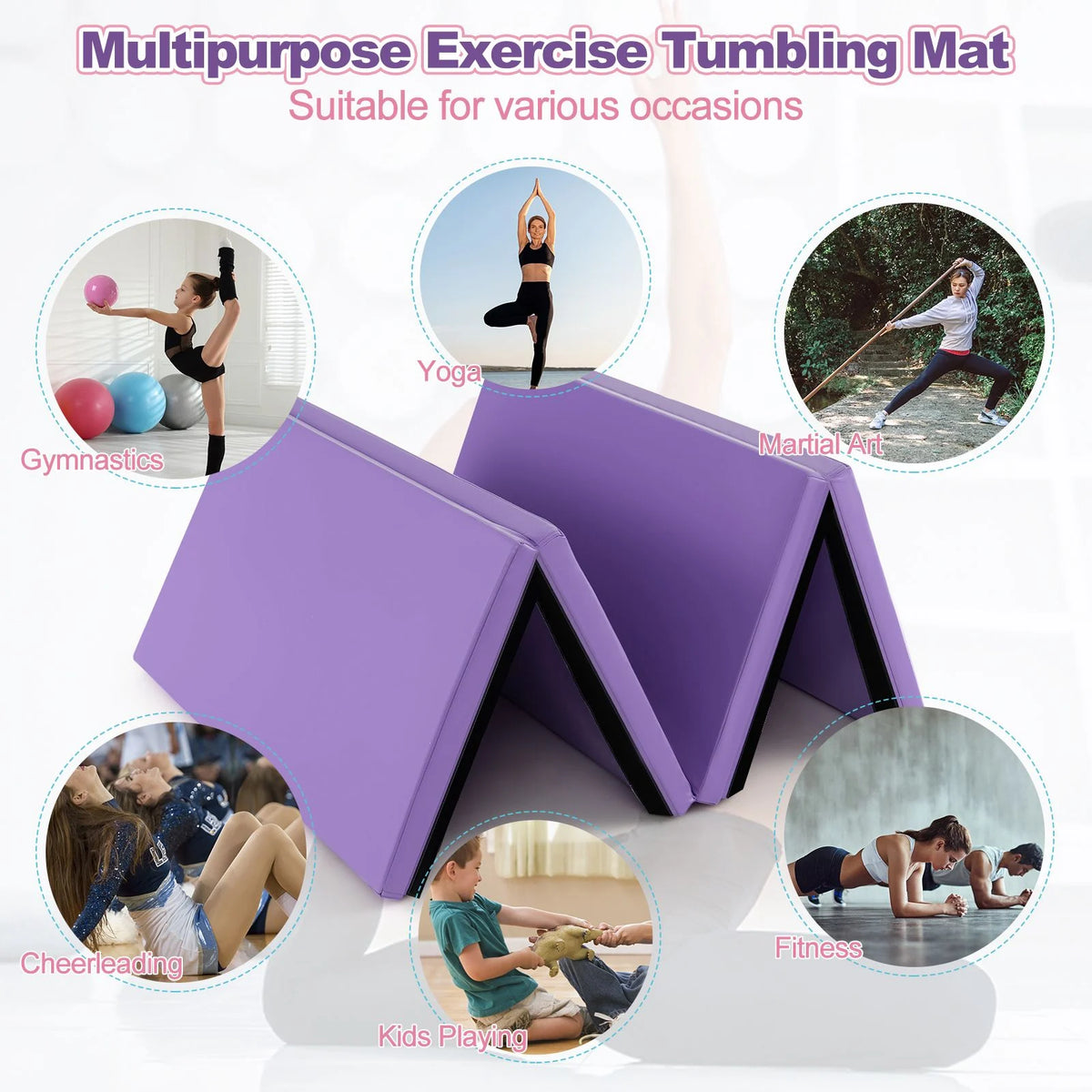 Folding Gymnastics Mat with Carry Handles Hook and Loop Fasteners