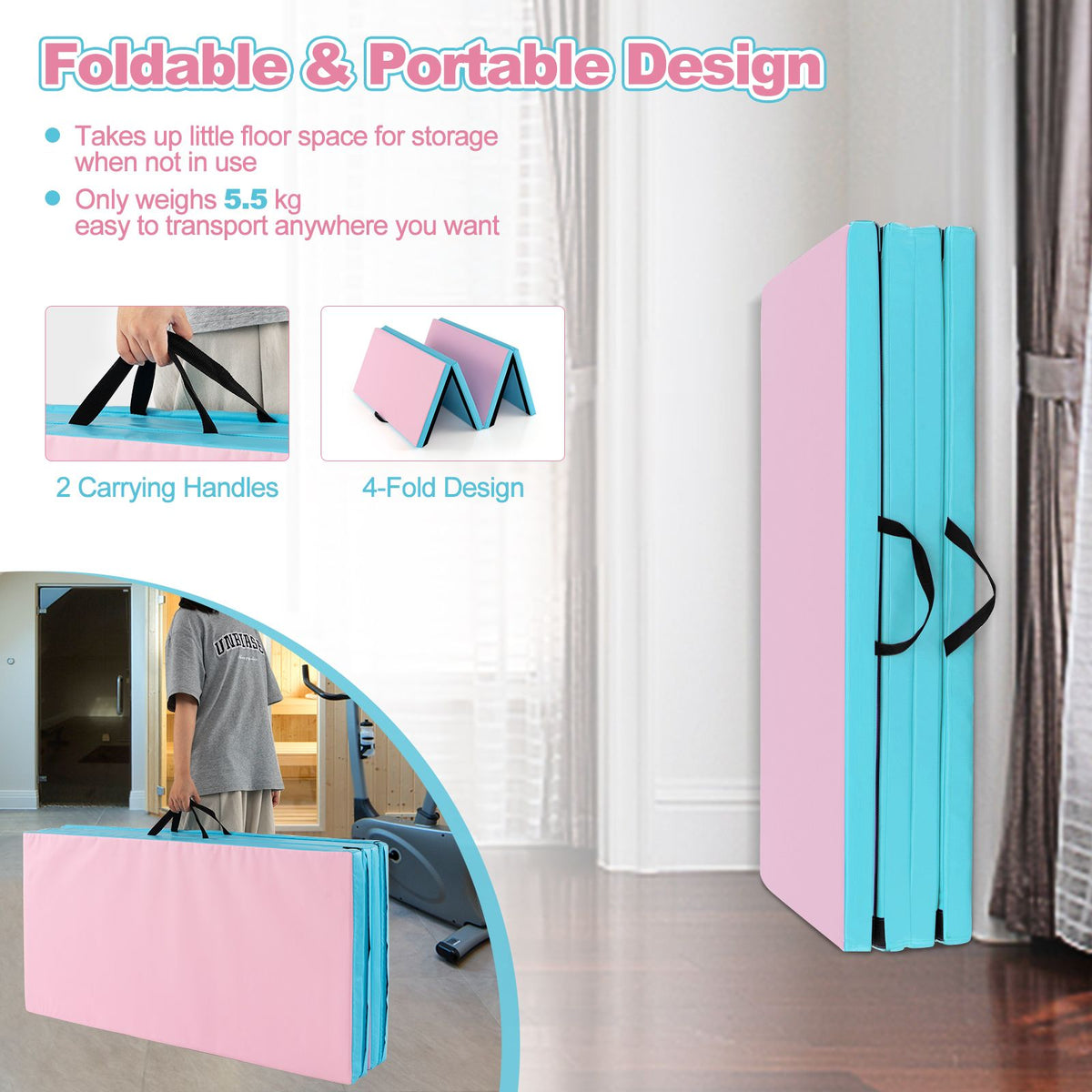 Folding Gymnastics Mat with Carry Handles Hook and Loop Fasteners