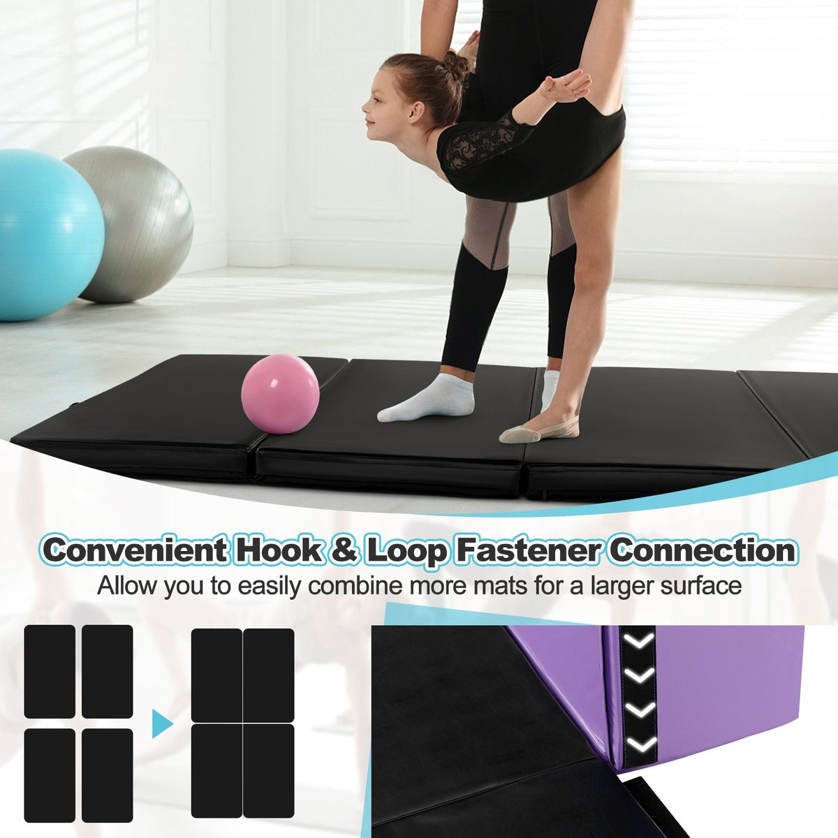 Folding Gymnastics Mat with Carry Handles Hook and Loop Fasteners