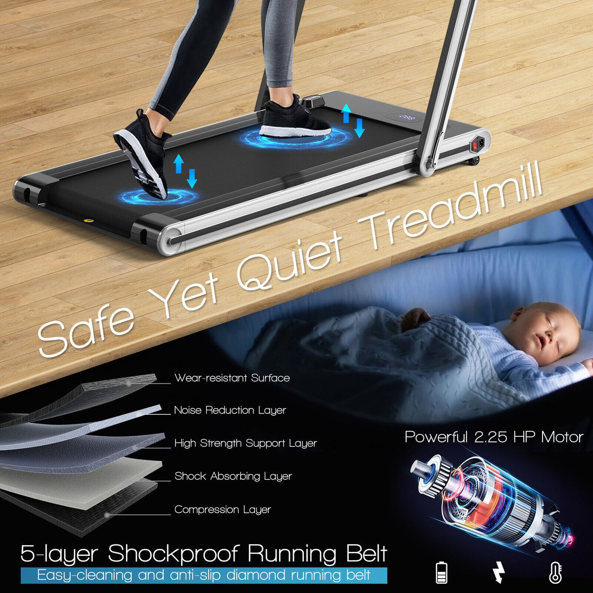2-In-1 Folding under Desk Treadmill with Dual LED Display