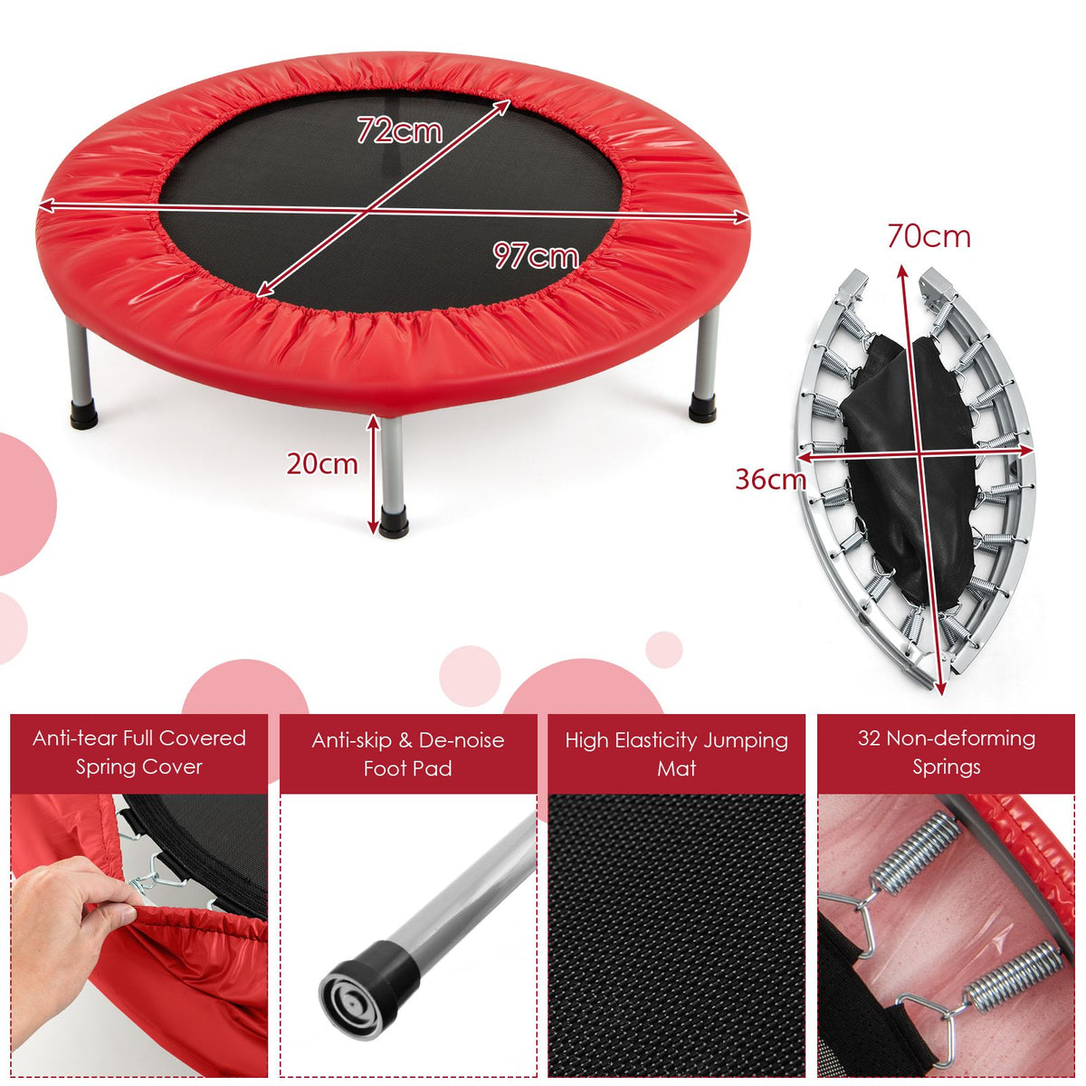 Foldable Mini Trampoline with Springs and Padded Cover