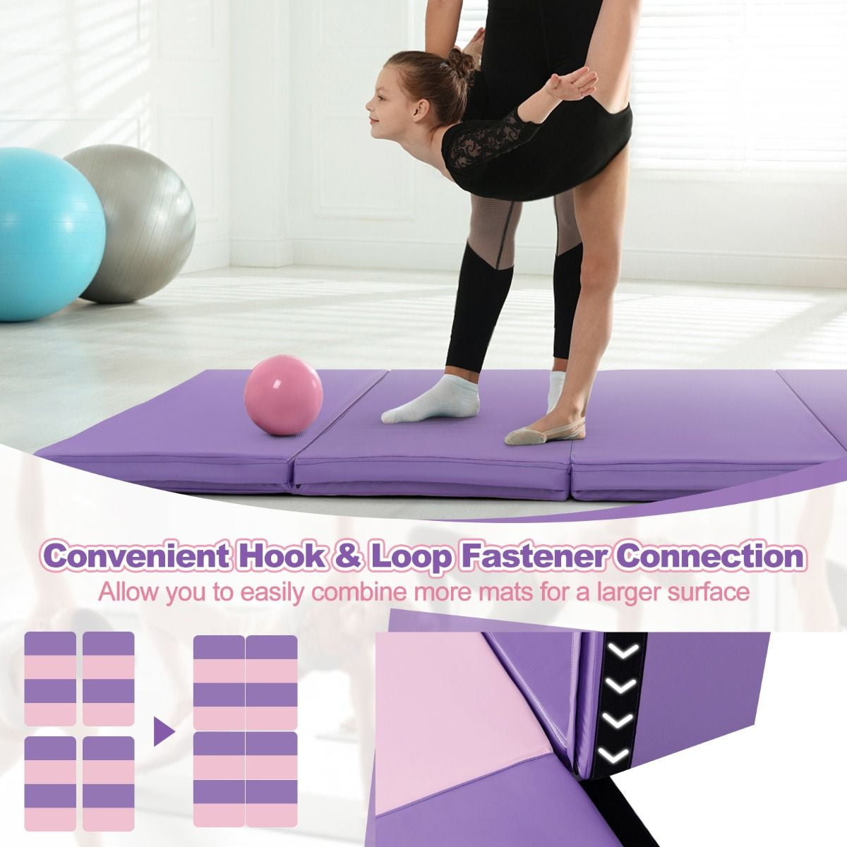 Folding Gymnastics Mat with Carry Handles Hook and Loop Fasteners